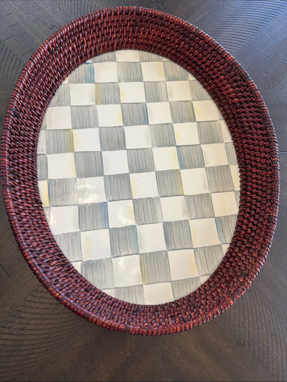 MacKenzie-Childs Red Woven Oval Vanity Tray with Checkered Base